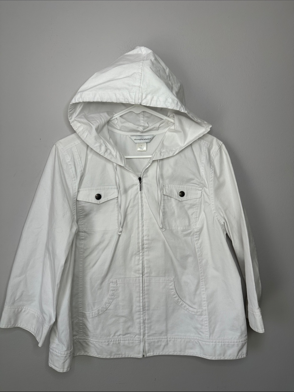White Hooded Zip Front Jacket 3/4 sleeve size L